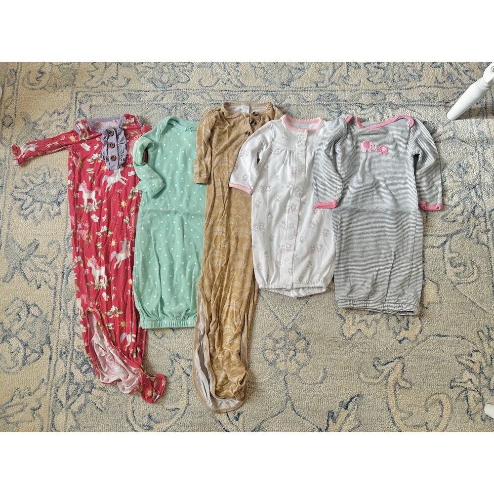Sleep Gown & Tie Pajamas Size Newborn & 0-3 Baby Girl Lot Bundle of 5 Sleeper